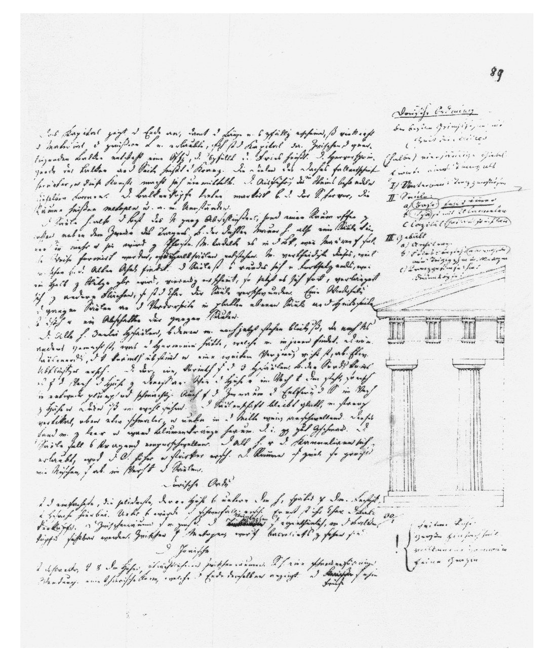 A page of Adolf Heimann's handwritten German lecture notes, with a drawing of a Doric column in the margin.