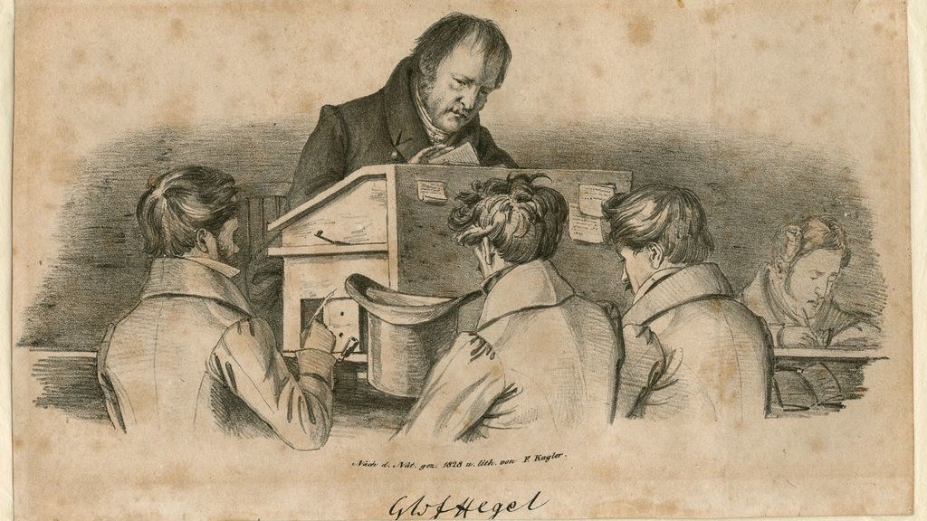 A lithograph of Hegel standing at a lectern reading from his papers, with four students on benches in front of him, one of them writing and a top hat resting on the bench.