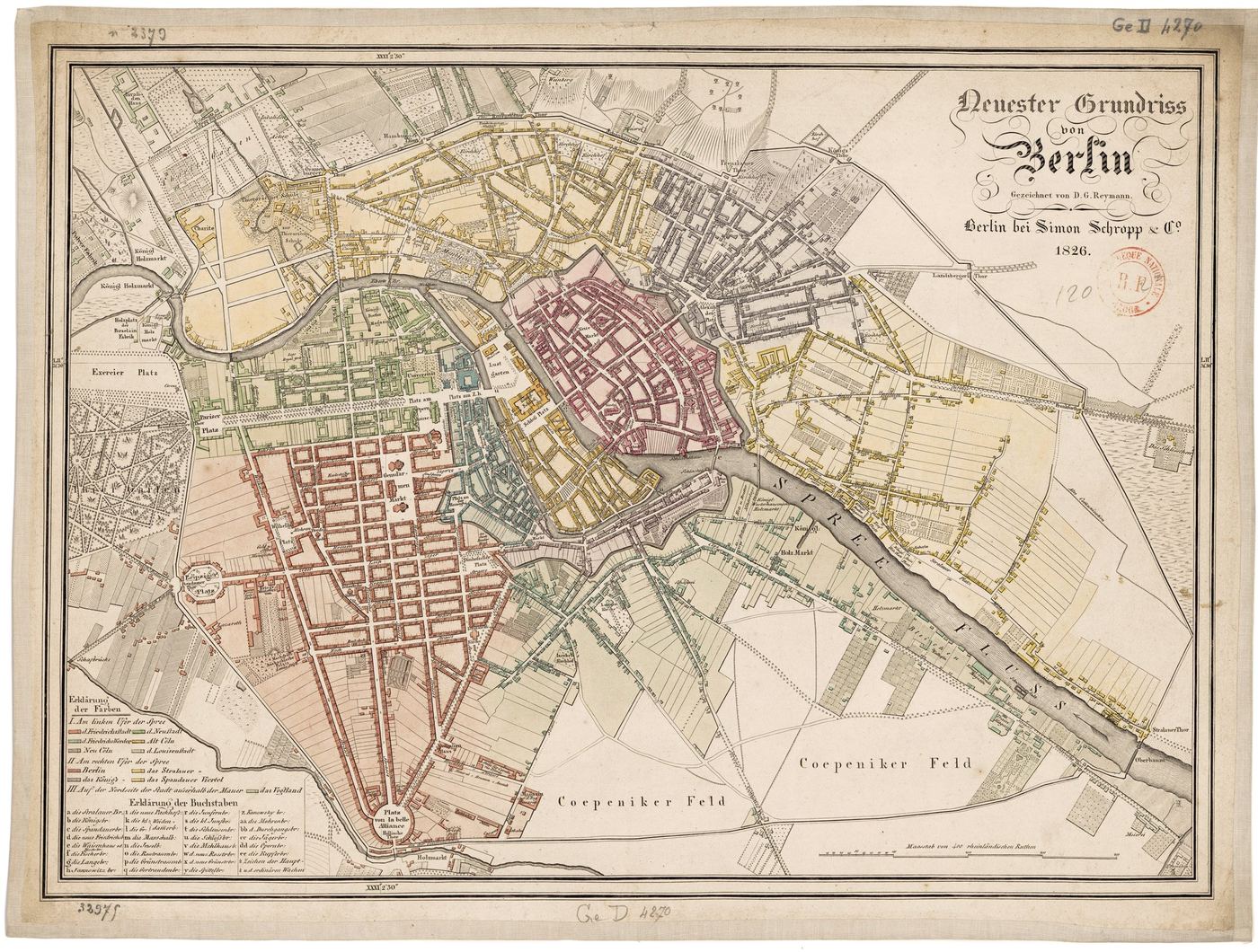 An 1826 street plan of Berlin in hand coloring, the walled city surrounded by open fields.