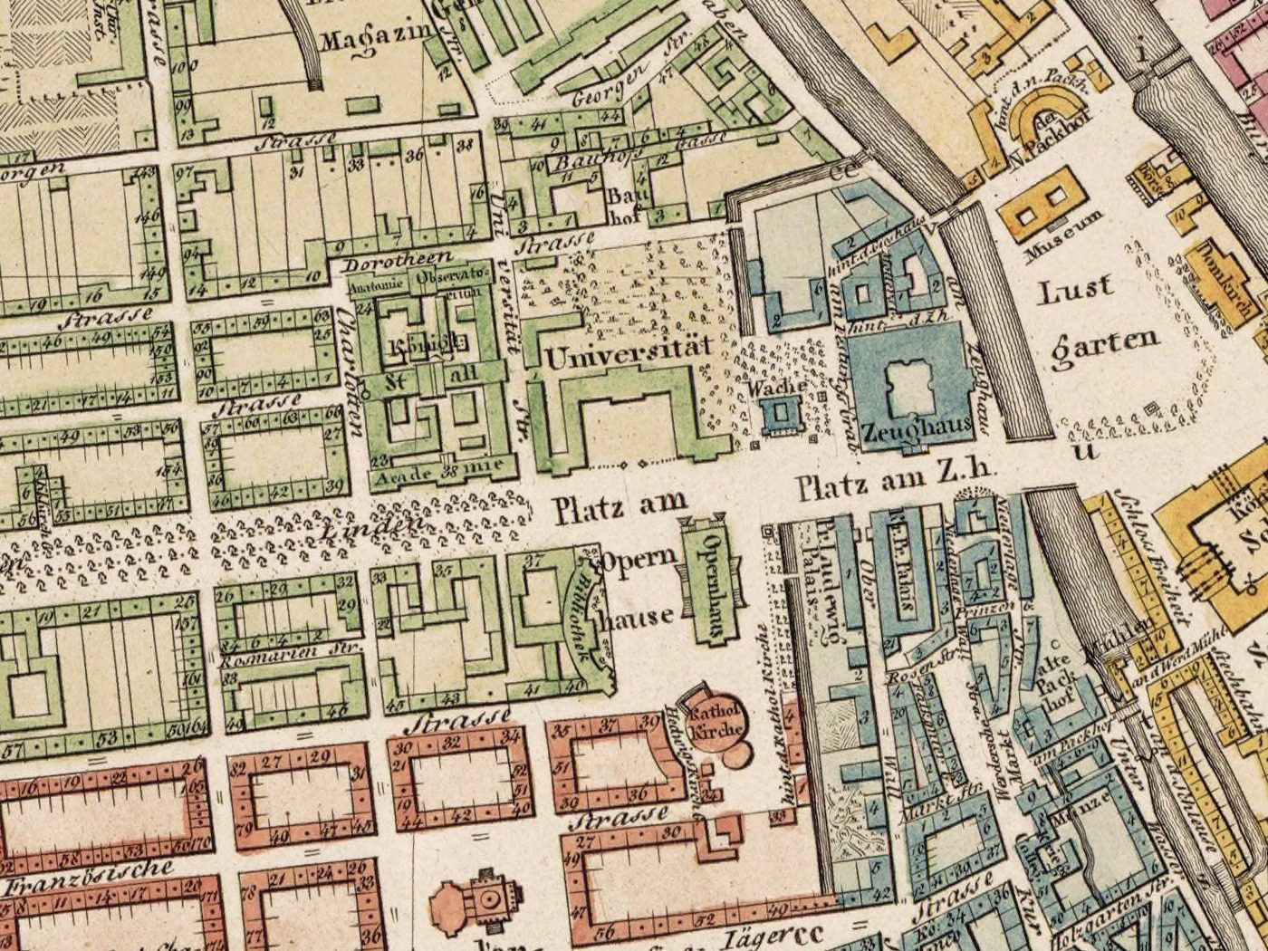 The university block on the 1826 plan, a U-shaped building set back behind a courtyard, labeled Universität.