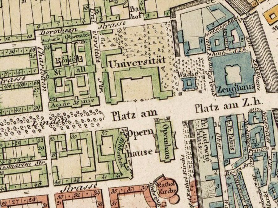 The tightest view of the plan: Universität on one side of Unter den Linden and the Platz am Opernhause, opera house and library on the other.