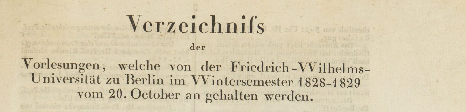 The printed title of the Berlin lecture catalog for the winter semester of 1828-1829.