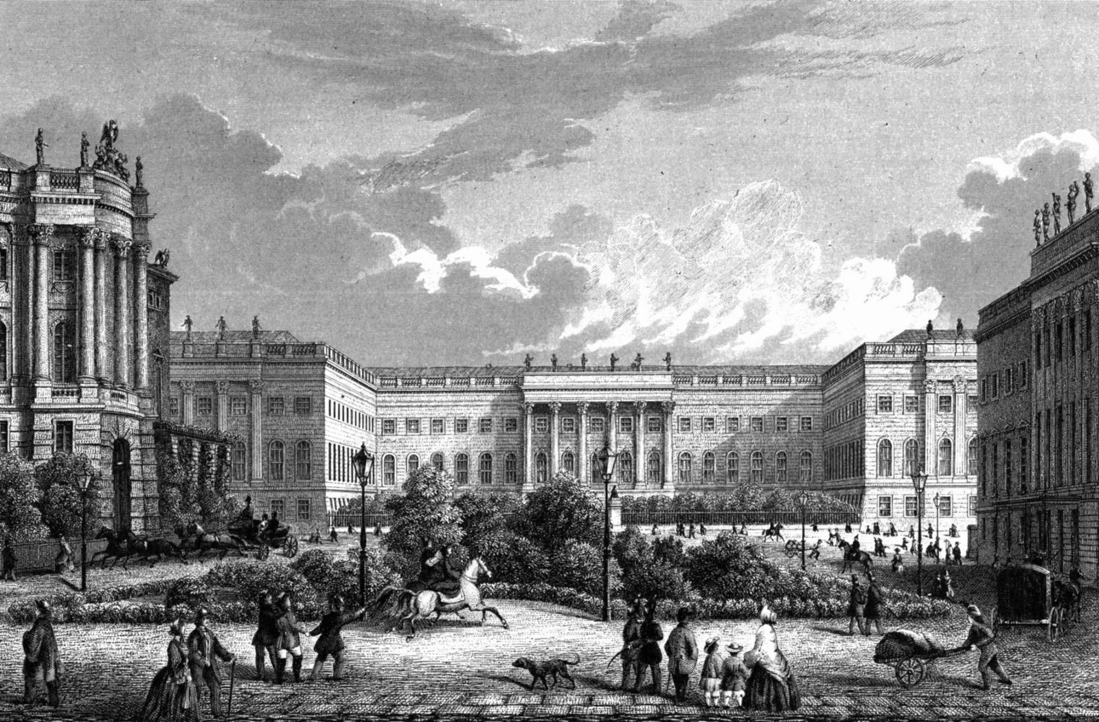 A lithograph of the Opernplatz looking north across Unter den Linden to the long facade of the university, with the curved front of the royal library at the left.